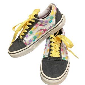 Vans Checker Board Lo Top Shoes Girls Size 2 Canvas Black and Yellow